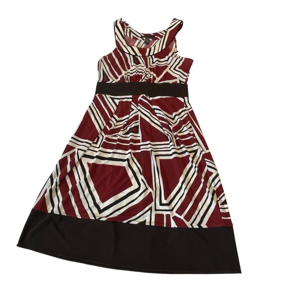 Banana Republic XS Stretch Geometric Print Dress  Red Dark Brown Black Easy Care